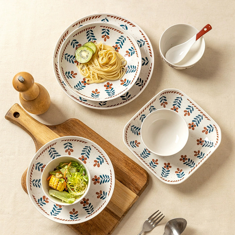 Modern Housewife Retro Ceramic Bowl Plate Japanese Style Tableware Soup Bowl Square Plate Disc Household Fancy Deep Plates Rice Bowl