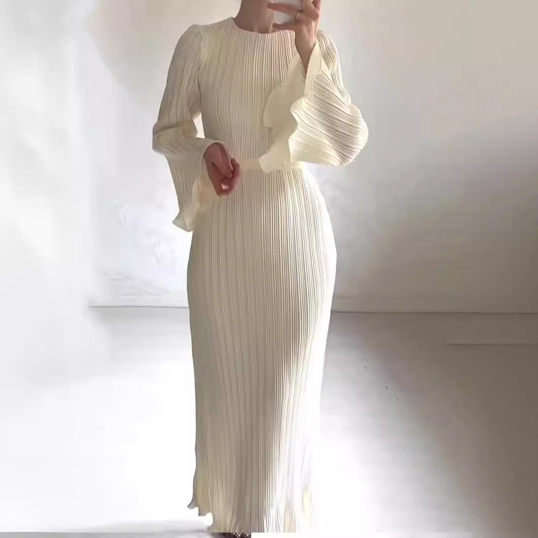 Women's Fashionable Temperament Pleated Bell Sleeve Mid-length Dress