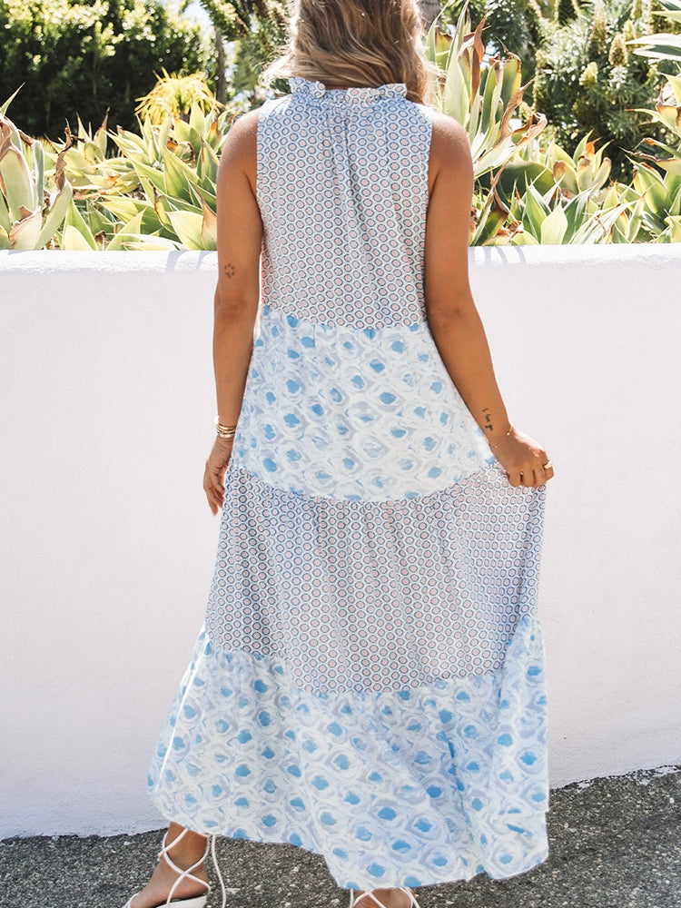 Summer New V-neck Print Casual Sleeveless Dress