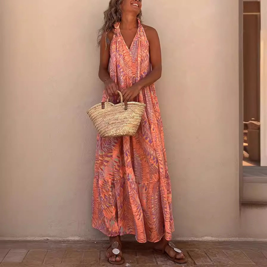 Women's Wear Printed Halter Sleeveless V-neck Dress