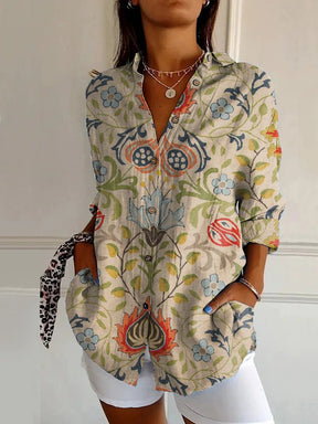 Flowers Print Long Sleeve Shirt Fashion Stand Collar Button Tops For Women Clothing