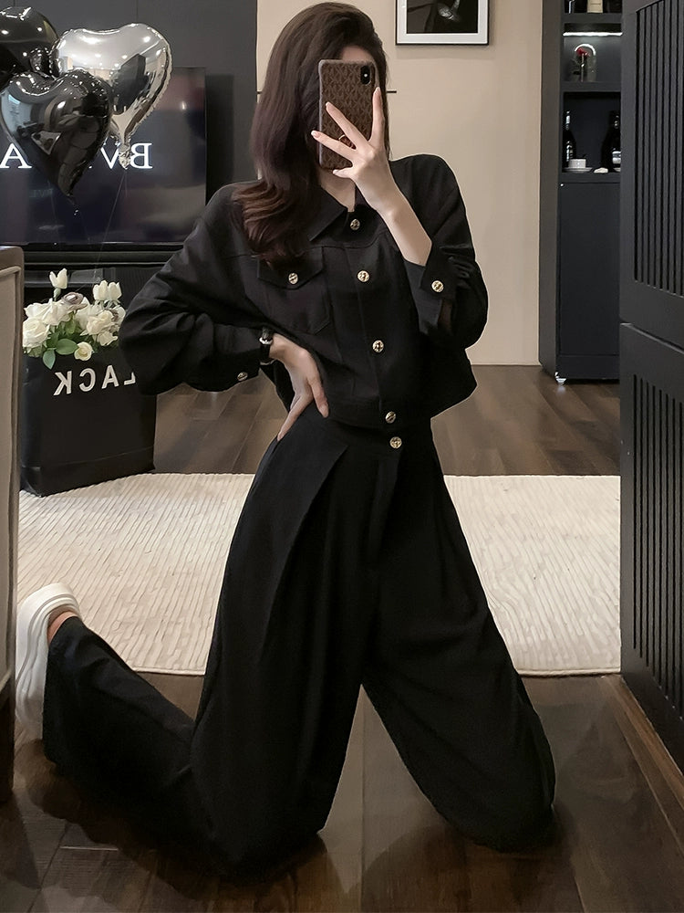 Trendy European Spring and Autumn Short Coat Suit Pants Acetic Acid