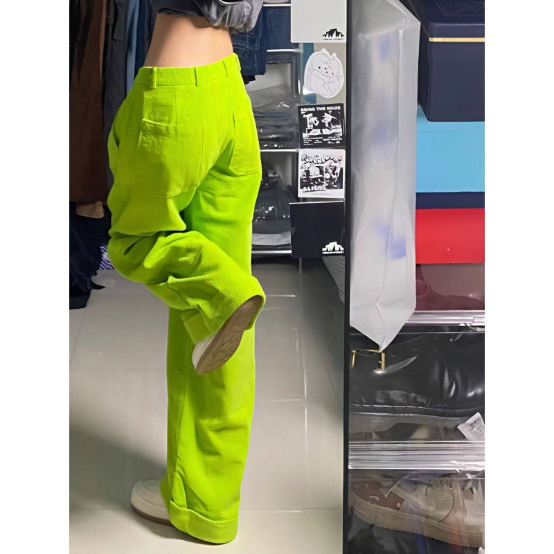 American Retro Fluorescent Green Loose High Waist Straight Slimming Women's Wide Leg Pants