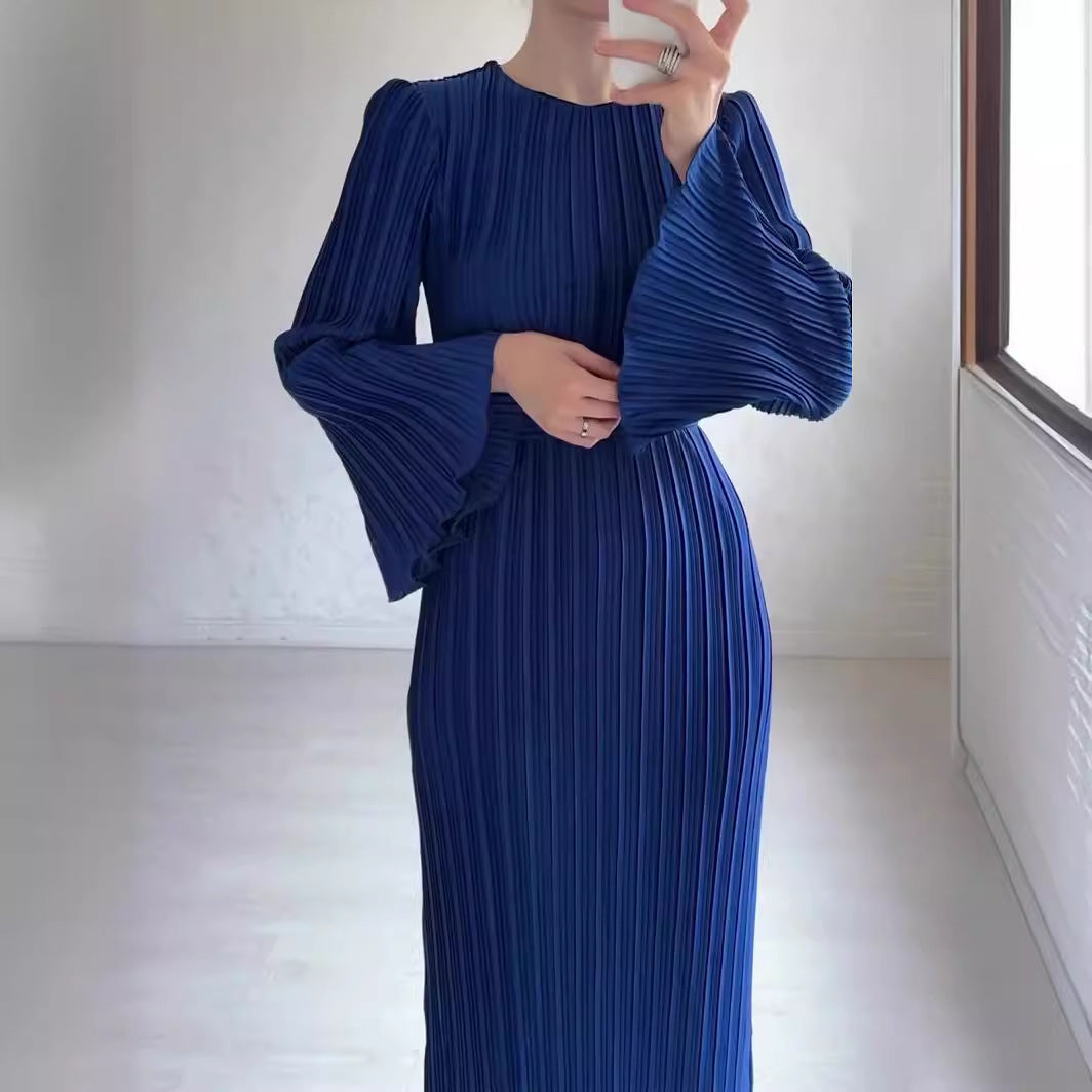 Women's Fashionable Temperament Pleated Bell Sleeve Mid-length Dress