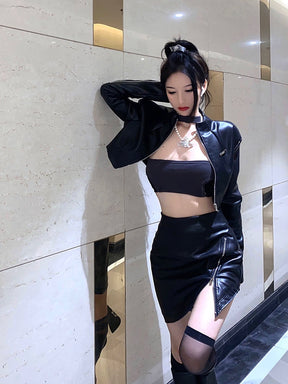 Babyking Leather Clothing Enthusiasts Sexy New Agent Stand Collar Short Leather Coat High Waist Skirt Suit