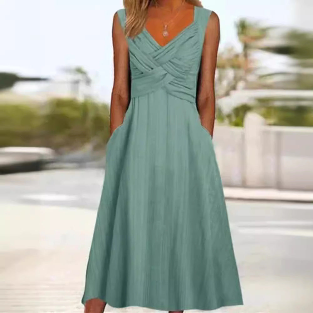 Women's Fashion Solid Color High Waist Strap Type Dress