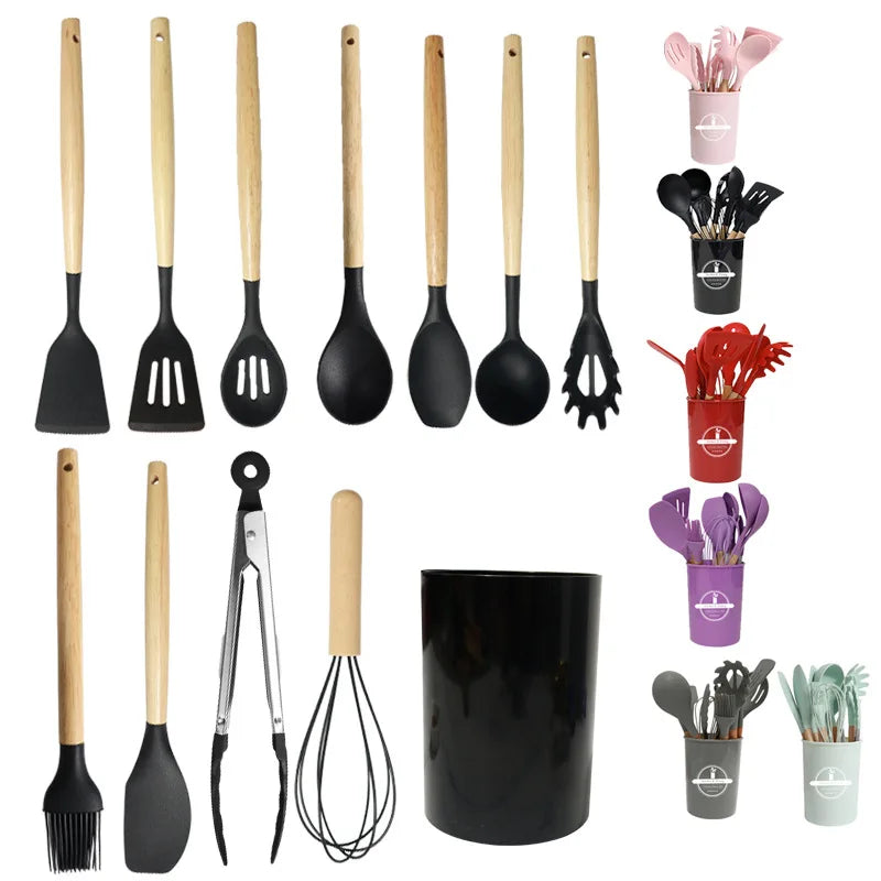 12Pcs Silicone Cooking Utensils Set Non-stick Cookware Kitchenware Wooden Handle Kitchen Cooking Tool Spatula Shovel Egg Beaters
