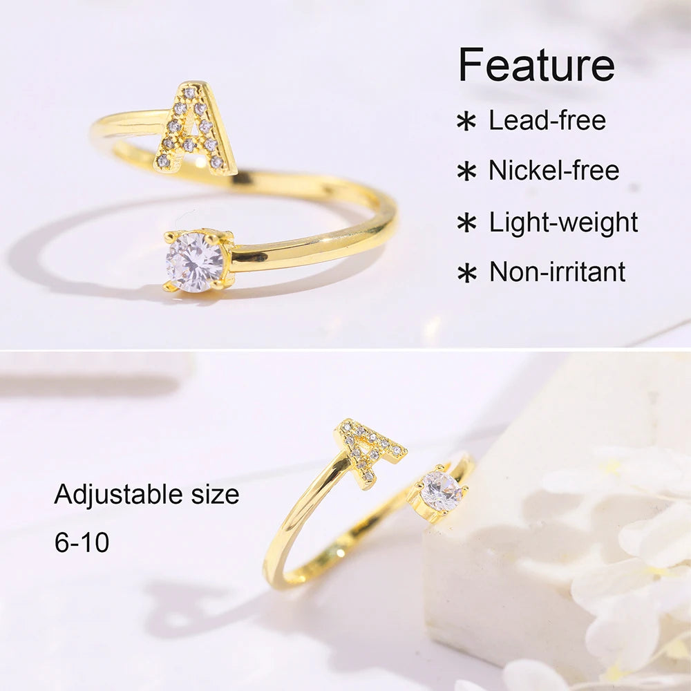 A-Z Letter Initial Name Open Rings for Women Men  gold plated Zircon Stone Alphabet Rings Couple Friendship Jewelry Gift