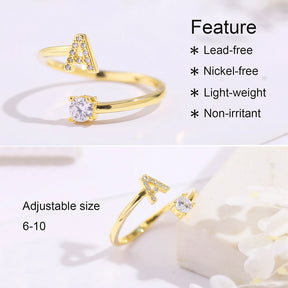 A-Z Letter Initial Name Open Rings for Women Men  gold plated Zircon Stone Alphabet Rings Couple Friendship Jewelry Gift