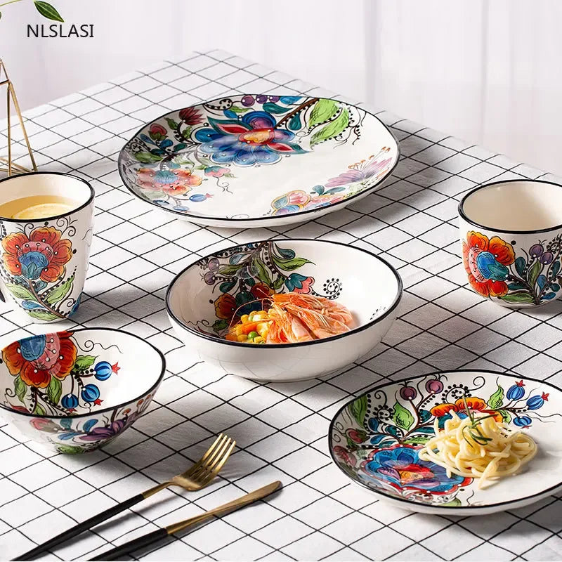 Nordic style Ceramic Dinner Plate Bowl Cup Hand-painted creativity  Tableware Salad Cake Plate Milk Coffee cup Decorative plate