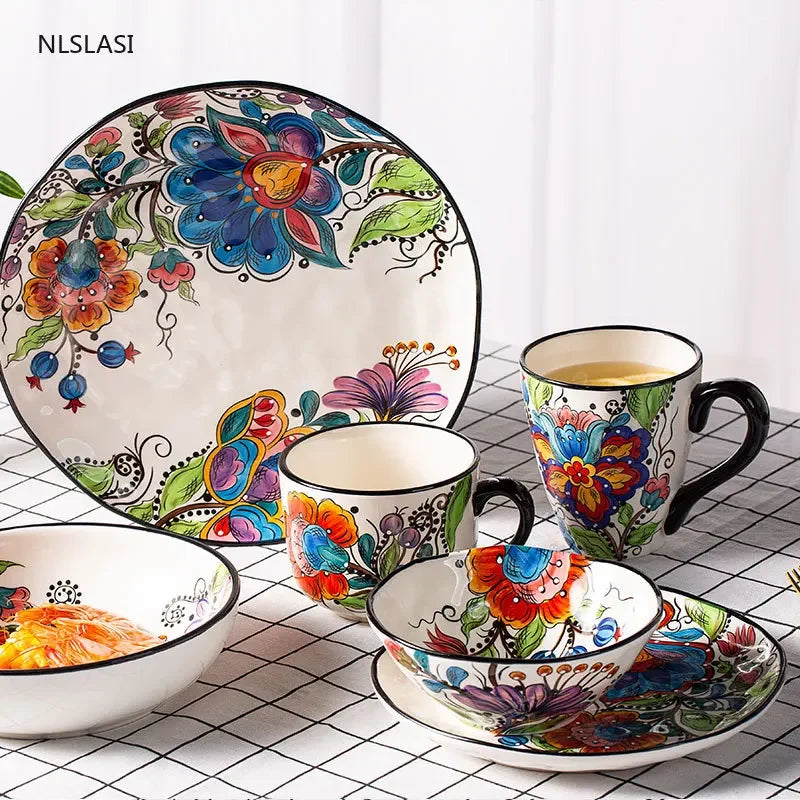 Nordic style Ceramic Dinner Plate Bowl Cup Hand-painted creativity  Tableware Salad Cake Plate Milk Coffee cup Decorative plate