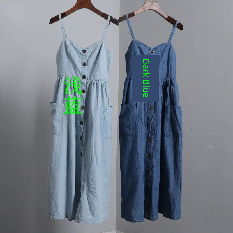 Pure Cotton Open Buckle Denim Vest Dress Outer Wear Fresh Sling