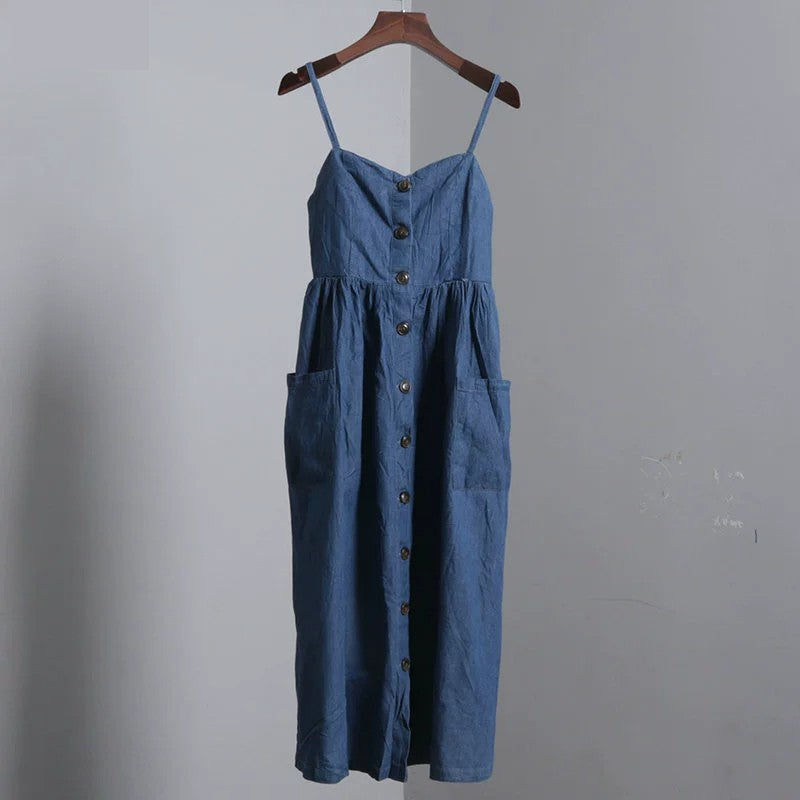 Pure Cotton Open Buckle Denim Vest Dress Outer Wear Fresh Sling
