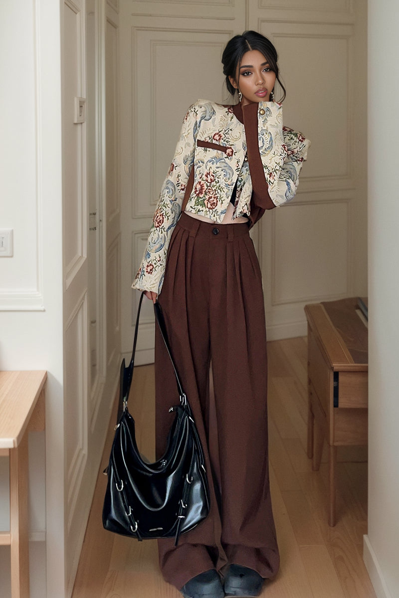 Classic Style Jacquard Stitching Pleated Wide Leg Trousers Jacket