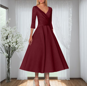 European And American New V-neck Half Sleeve Dress Solid Color Simple Waist Fitted Pettiskirt