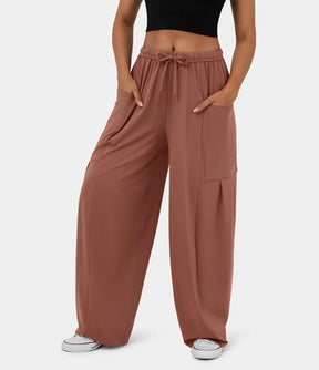 Fashionable And Stylish Elastic Waist Pleated Wide Leg Pants