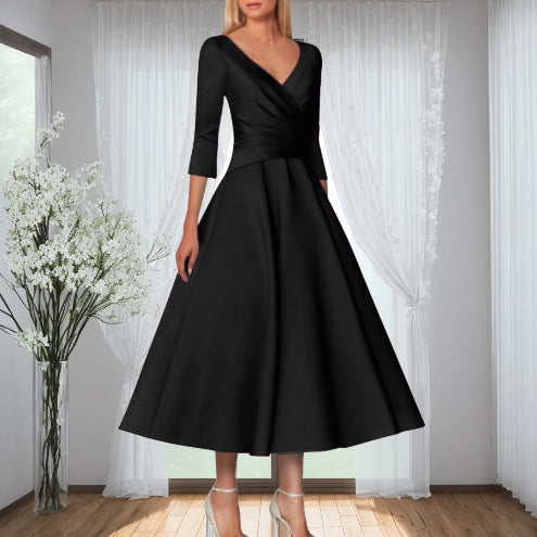 European And American New V-neck Half Sleeve Dress Solid Color Simple Waist Fitted Pettiskirt