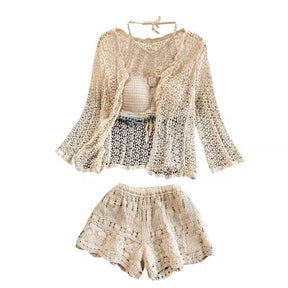 Cardigan Jacket High Waist Crocheted Shorts Beach Holiday Hot Spring Casual Suit