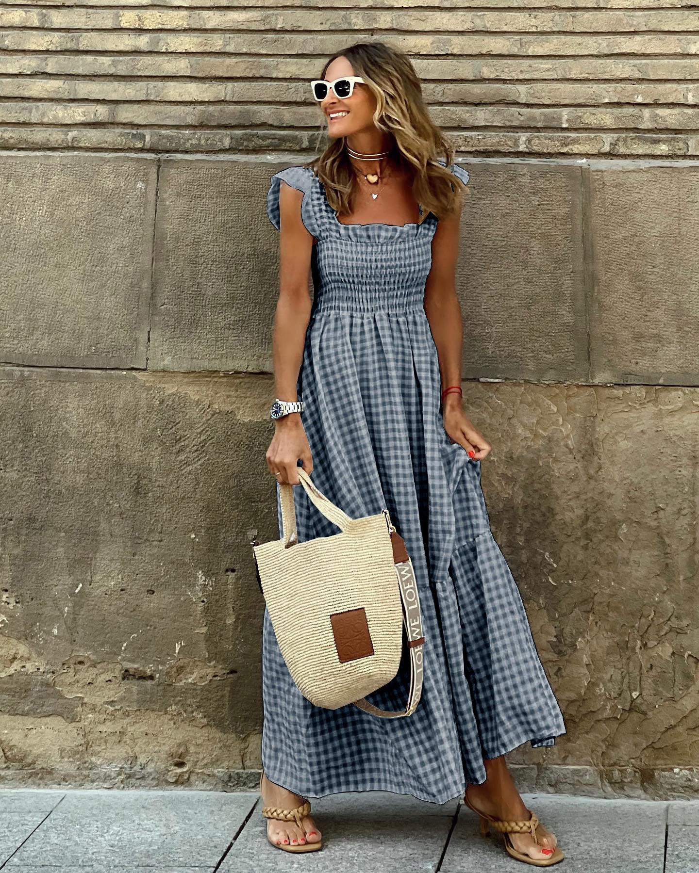 Summer Plaid Print Pleated Ruffle Dress INS Fashion Sleeveless A-line Swing Beach Dress Women's Clothing