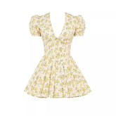 V-neck Puff Sleeve Dress Yellow Flowers Print French Style Sweet Pleated Dresses Womens Clothing