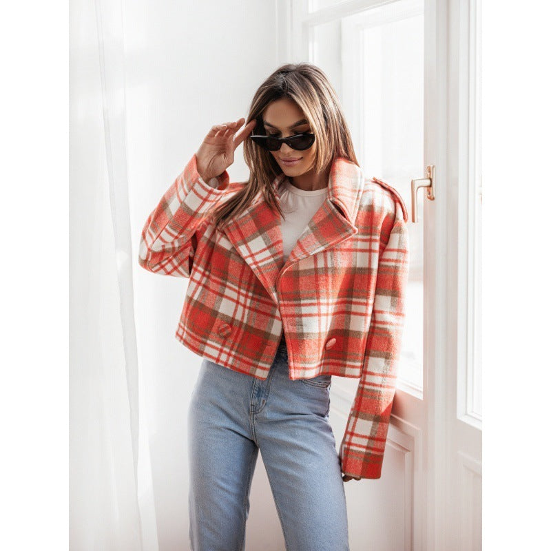 Fashion Tailored Collar Plaid Printed Woolen Coat