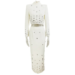 Fashion New Heavy Industry Beads Diamond Inlaid Short Top Long Skirt Suit