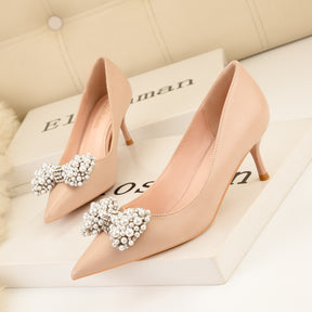 Women's Fashion Banquet Pointed Toe Pearl Bow High Heels