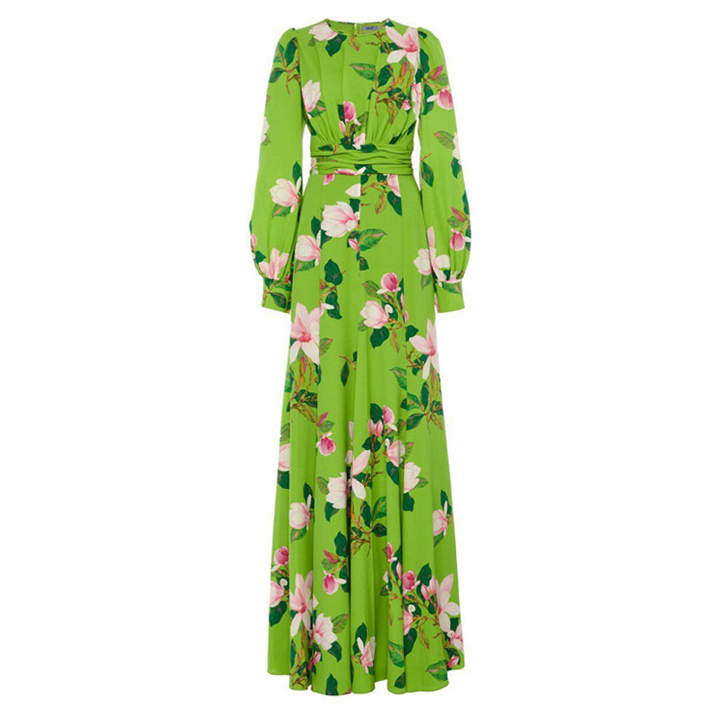 Green Flower Dress Temperament Long Skirt