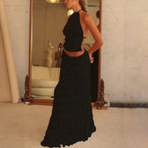 2pcs Women's Dress Suit Sexy Sleeveless Backless Cropped Halter Top And Pleated Long Dress