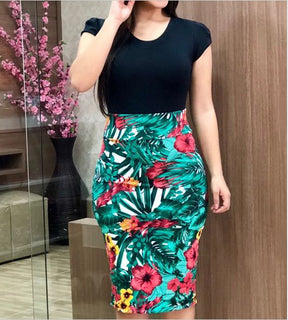 Women's Round Neck Multicolor Flower Sheath Dress