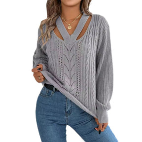 Hollow Out V-neck Twist Lantern Sleeve Pullover Sweater