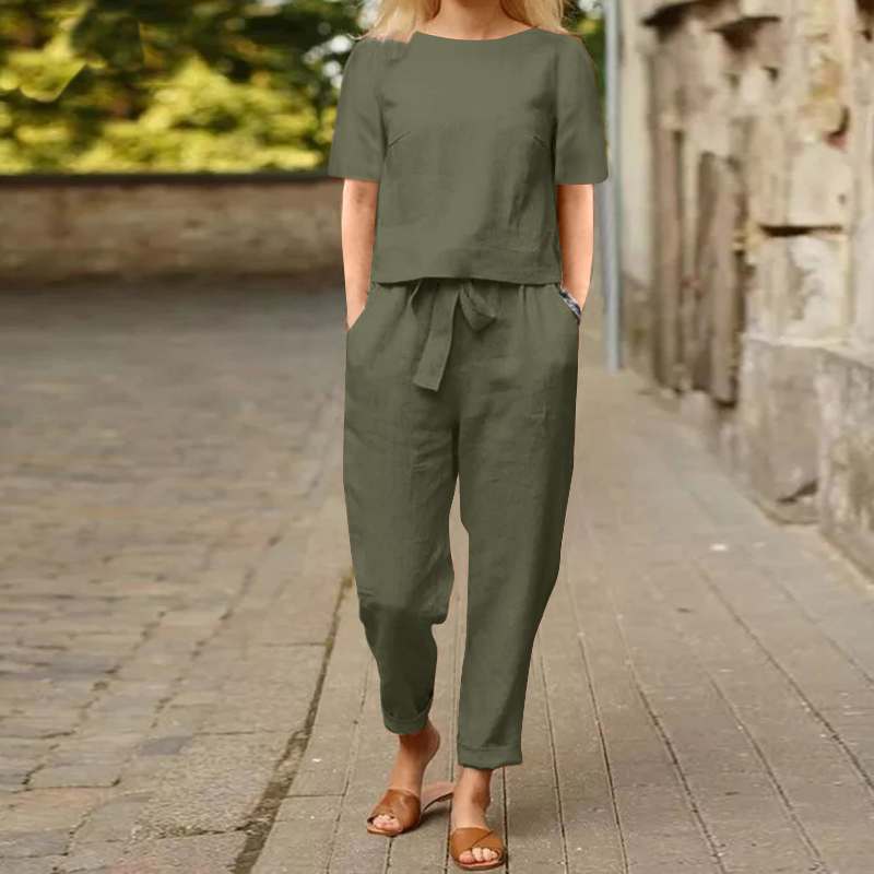 Women's Cotton Hemp Half Sleeve O-Neck Oversized Hoodie Wide Leg Pants Retro Set Two Pieces