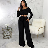 Women's Fashion Solid Color Long Sleeve Crew Neck Top Trousers Set