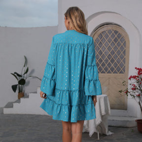 New Printed Bronzing Pleated Flared Long Sleeve Dress Summer Button Design Loose Dresses Fashion Womens Clothing