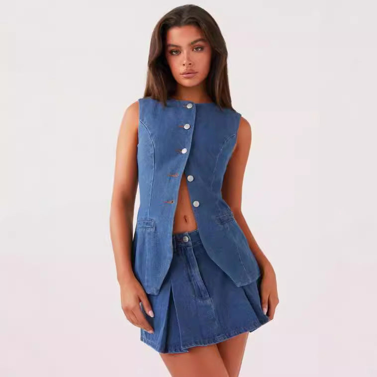 Fashion Sleeveless High Waist Women's Suit Denim