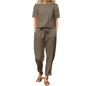 Women's Cotton Hemp Half Sleeve O-Neck Oversized Hoodie Wide Leg Pants Retro Set Two Pieces