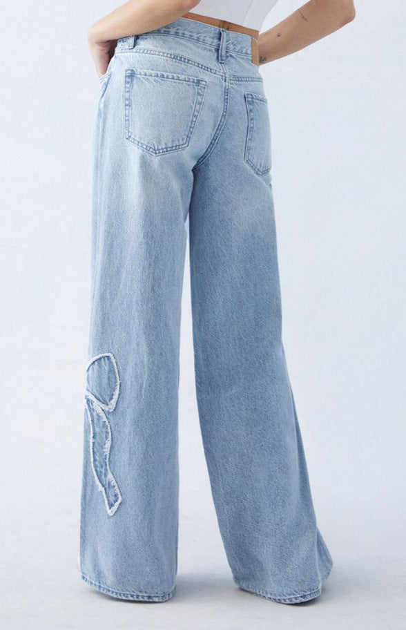 Embroidered Side Frayed Butterfly Jeans Street Design Hot Girl Baggy Straight Trousers