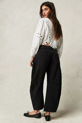 High Stretch Mid-Rise Barrel Jeans Fashion Wide Leg Shape Women Casual Baggy Mid Waist Denim Jeans
