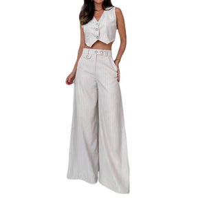 Fashion V-neck Striped High Waist Wide Leg Pants