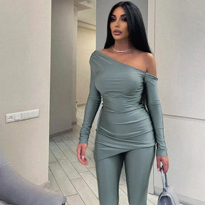 Solid Color One-shoulder Cold-shoulder Long Sleeve Top Tight Trousers Casual Suit