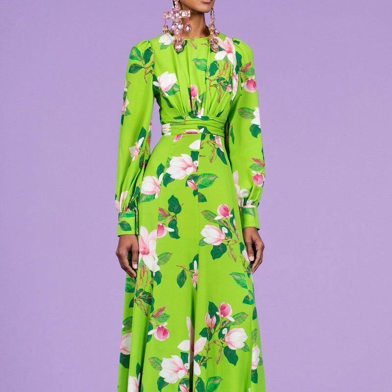 Green Flower Dress Temperament Long Skirt