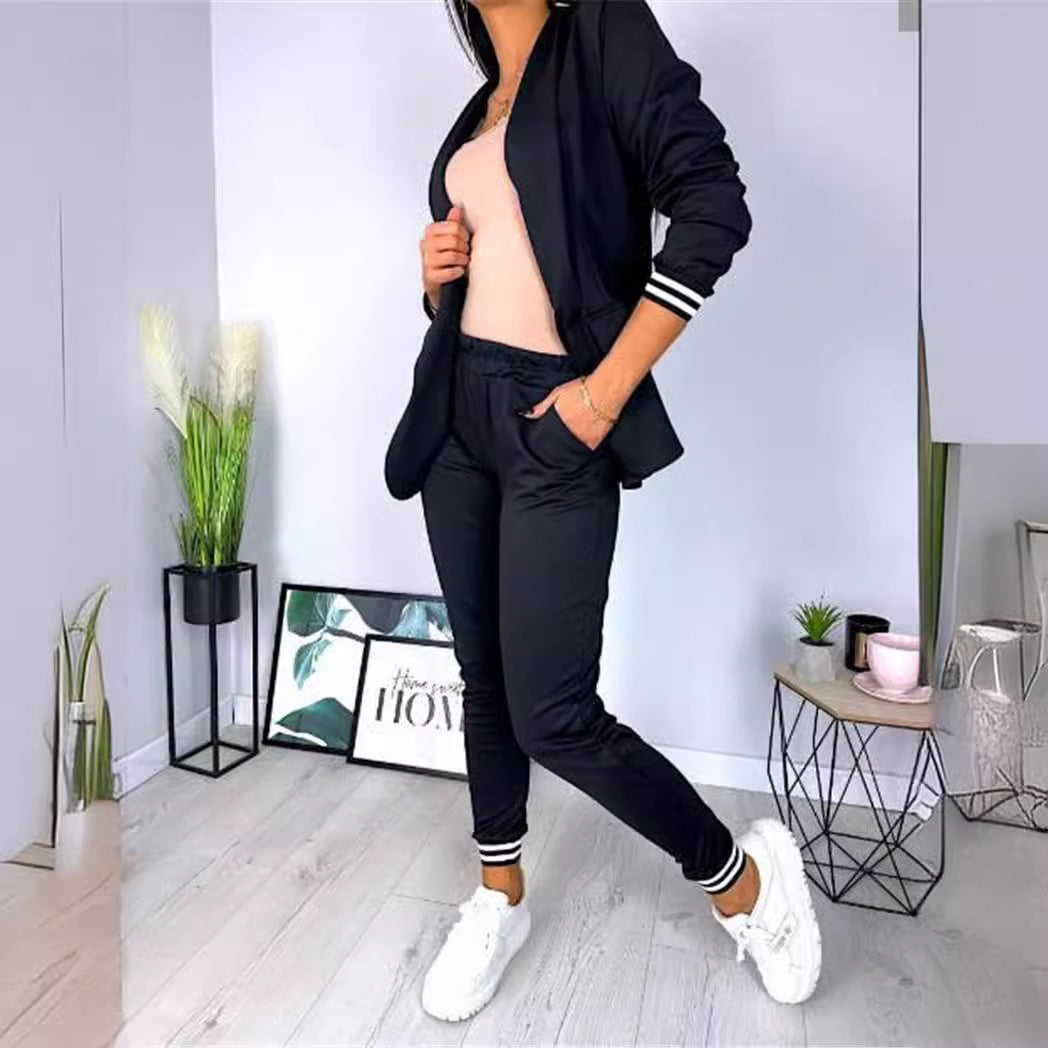 Casual Solid Color Long Sleeve Suit Trousers Two-piece Set