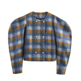 Color Matching Plaid Woolen Round Neck Double Breasted Jacket Short Coat