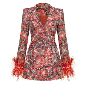 Women's V-neck Floral Cuff Feather Dress And Coat