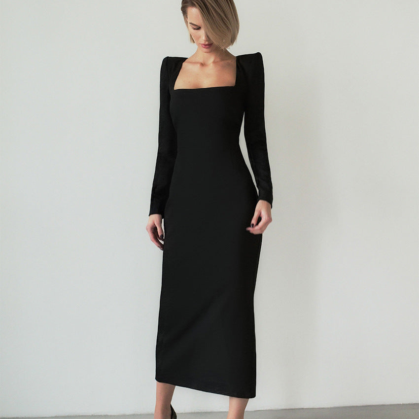Long Skirt, Square Neck, Slim Fit, And Buttocks Wrapped Design With A Sense Of Dress