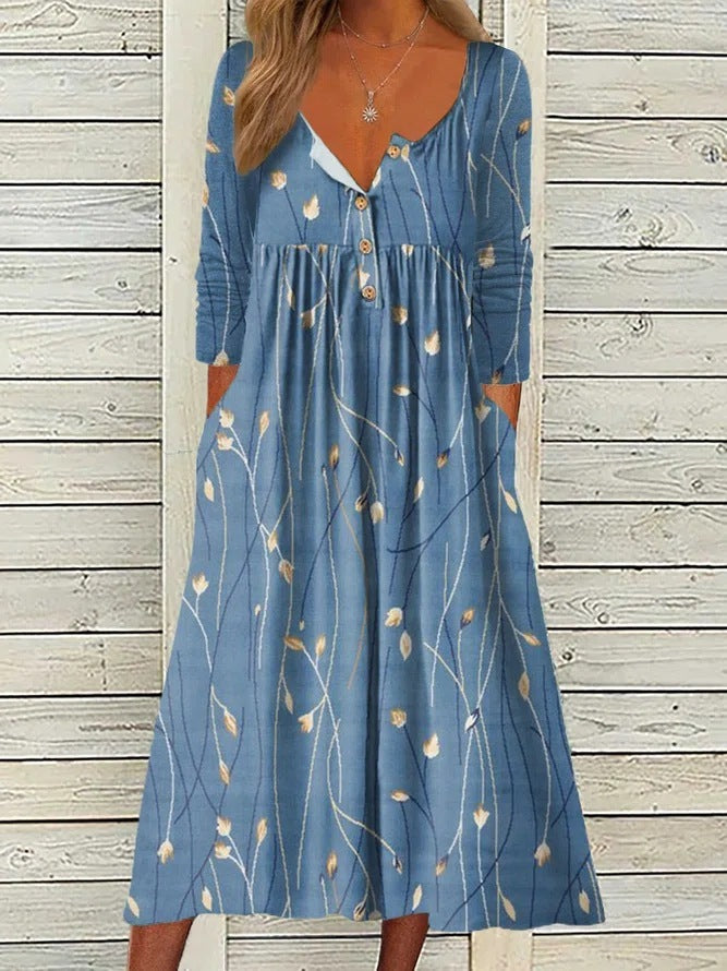 European And American Printed Pocket Cardigan Clinch Long Dress