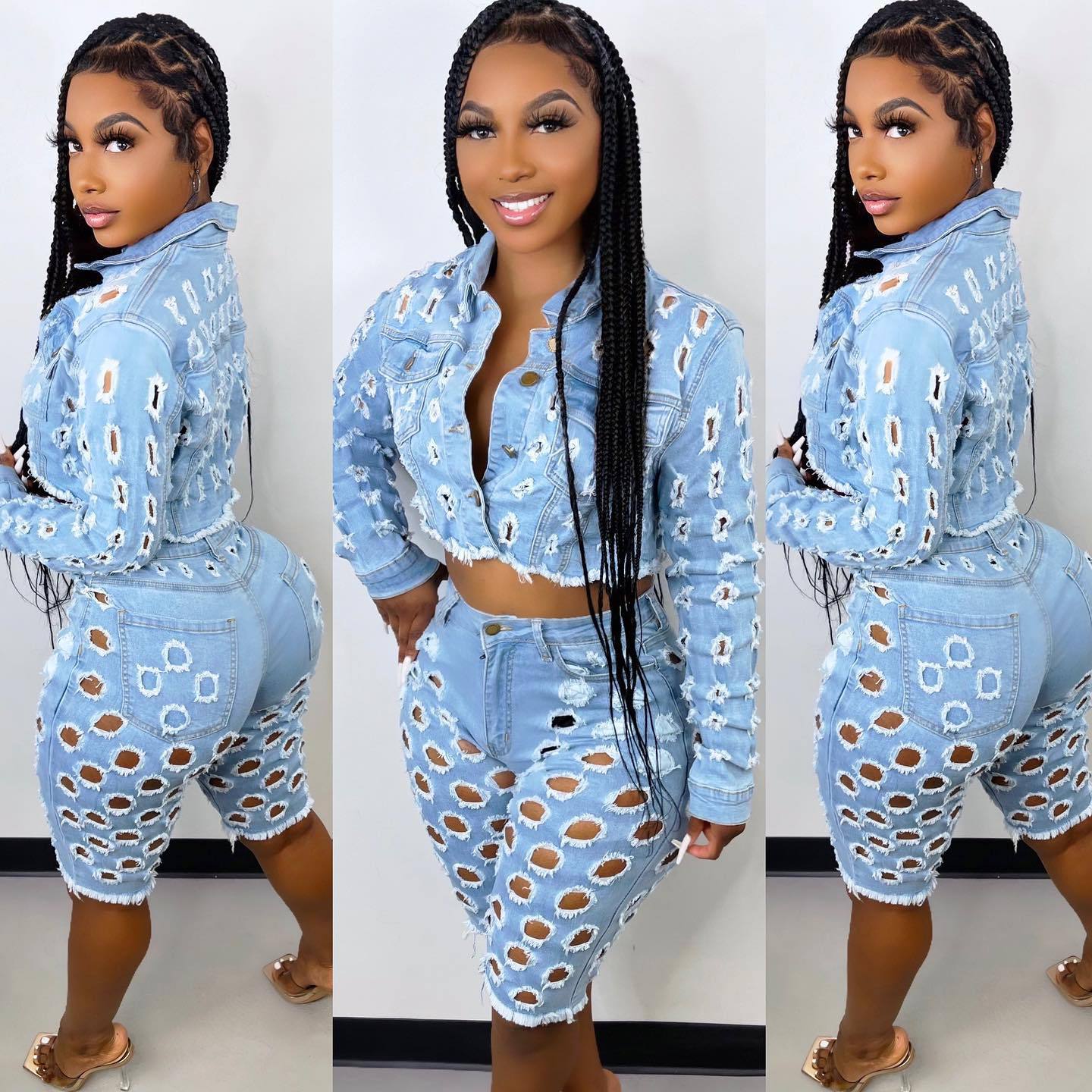 Women's Fashion Hole Jeans Jacket Two Piece Set