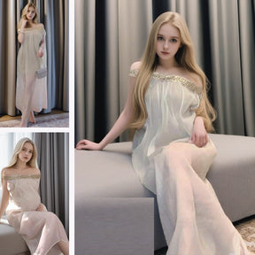 French Style Off-shoulder Sequined Tube Top Dress Lazy Vacation Style Seaside Pregnant Women Can Also Wear