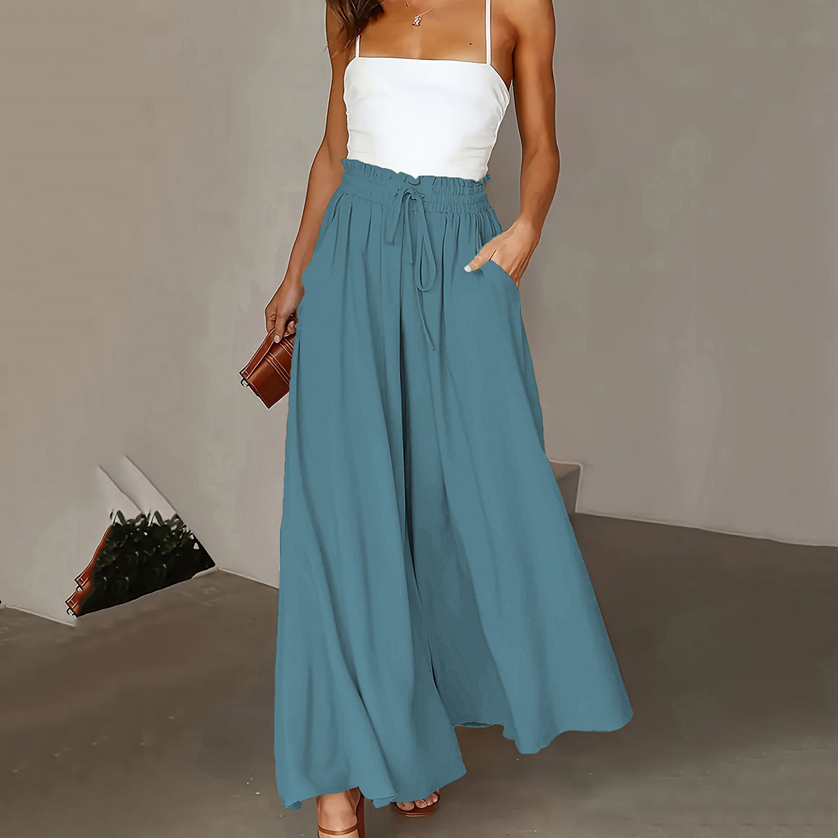Plus Size Wide Leg Pants - Stylish Solid Paper Bag Waist Design, Elegant Pocket Tie Front, Loose Fit For Comfort, Perfect For Spring & Summer, Women's Fashionable Clothing For Curvy Figures