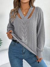 Hollow Out V-neck Twist Lantern Sleeve Pullover Sweater